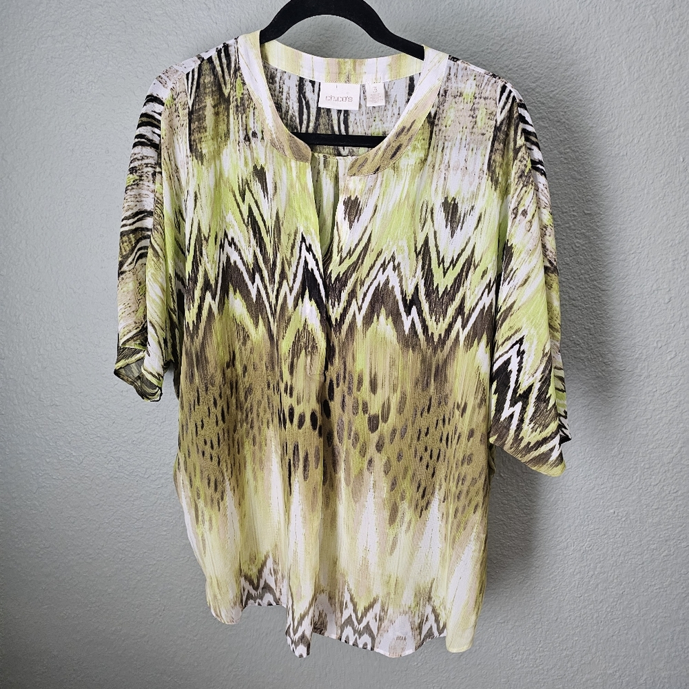 Chico's Green Animal Print Short Sleeve Sheer Tunic Blouse Size 3